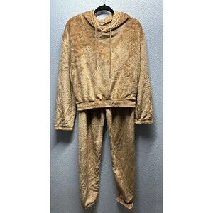 Fire & Fluer Plush Cozy Brown Women’s Jogger Hooded Sweater 2 Piece Set Sz L NEW